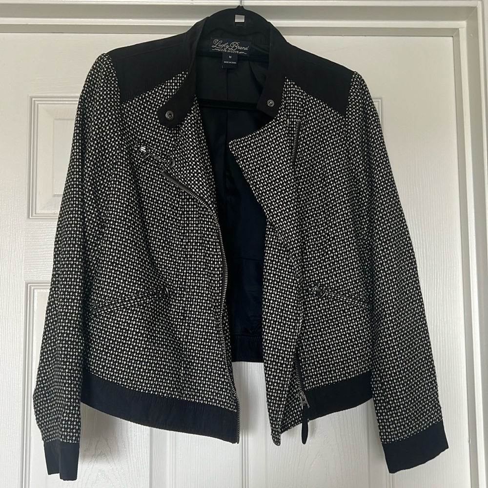 Lucky Brand Black & Beige Patterned Tweed Jacket